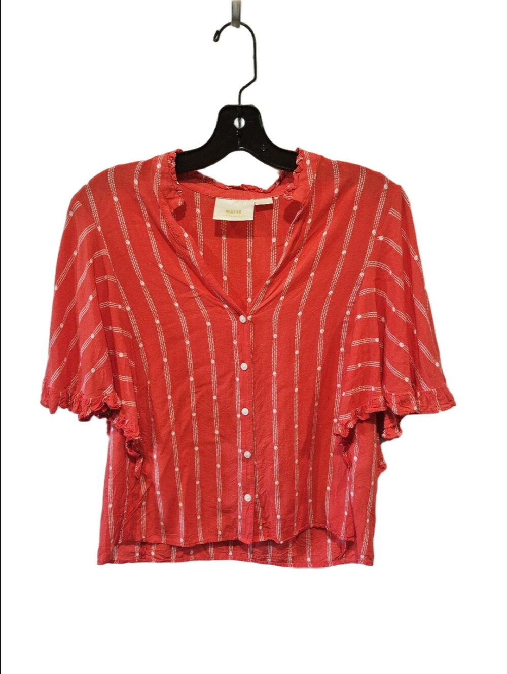 Maeve by Anthropologie Red Striped Button-Down Ruffle Flutter Sleeve Crop Blouse - Picture 2 of 7